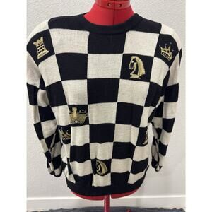 ST JOHN Sportswear Knit Black/white Checked Gold Logo Chess Pieces Sz M